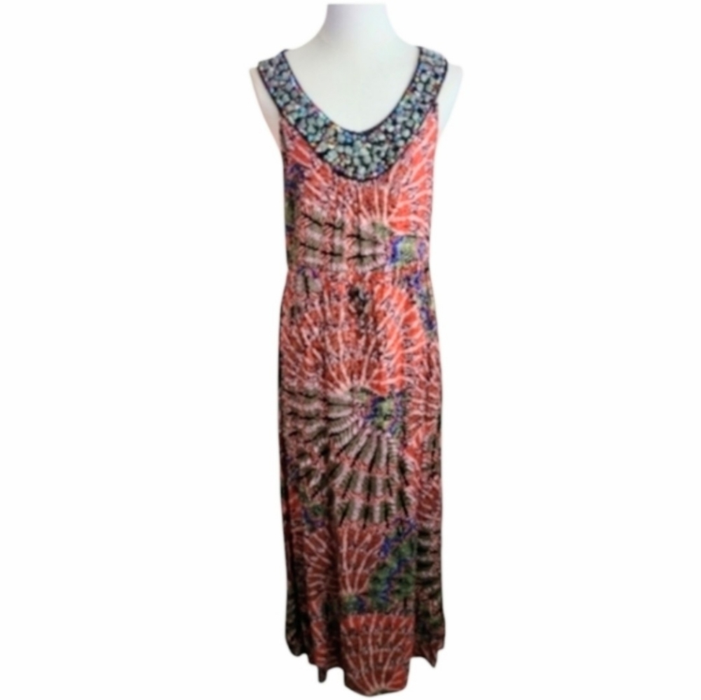 Valerie Stevens Orange and Green Feather Pattern Dress & Beaded Neck Size Medium